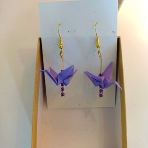 Handmade Purple Origami Crane Earrings Beaded